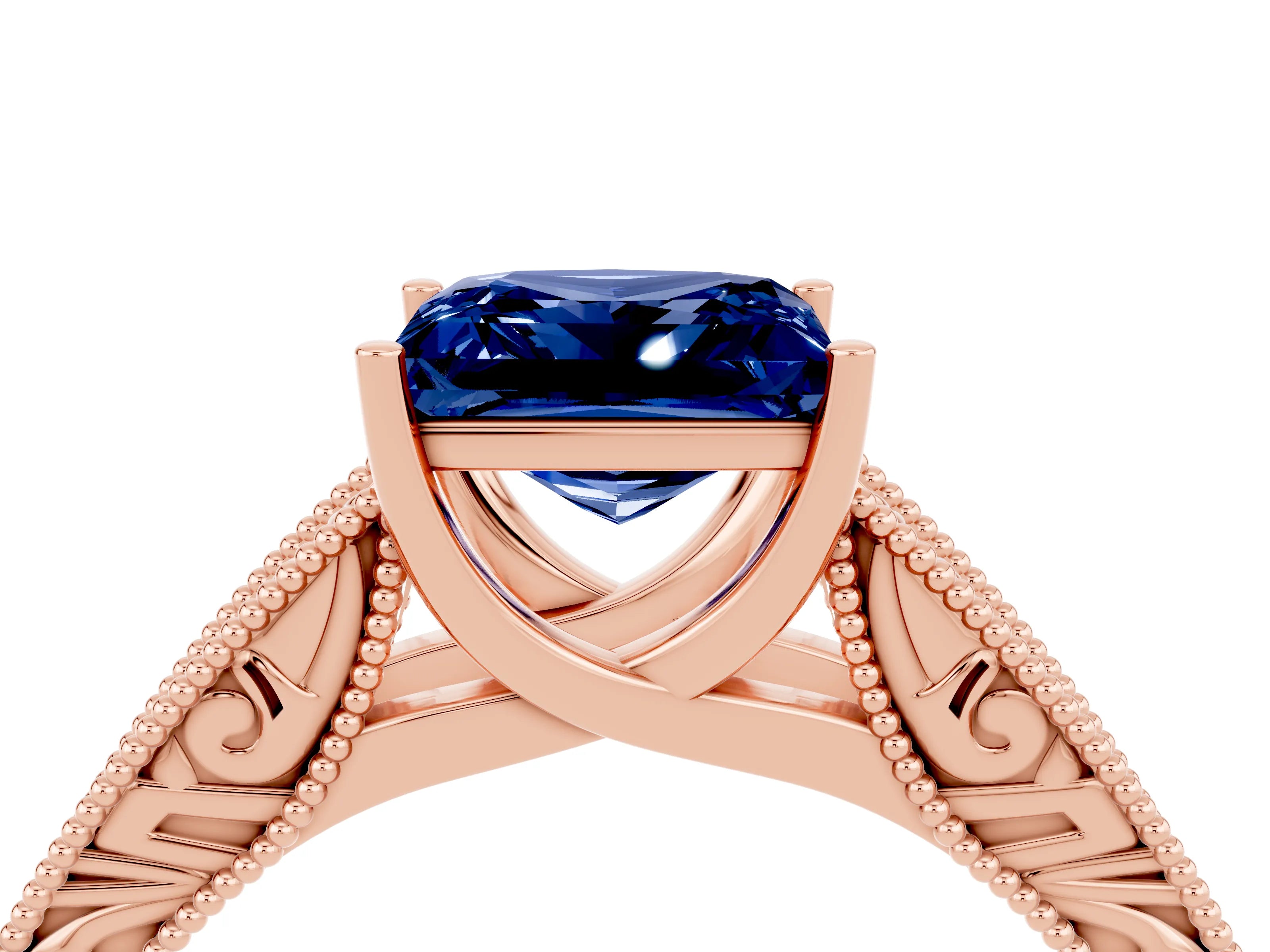 Rose gold Princess Cut Blue Sapphire Solitaire Ring with Engraved Band and Four-Prong Setting_4