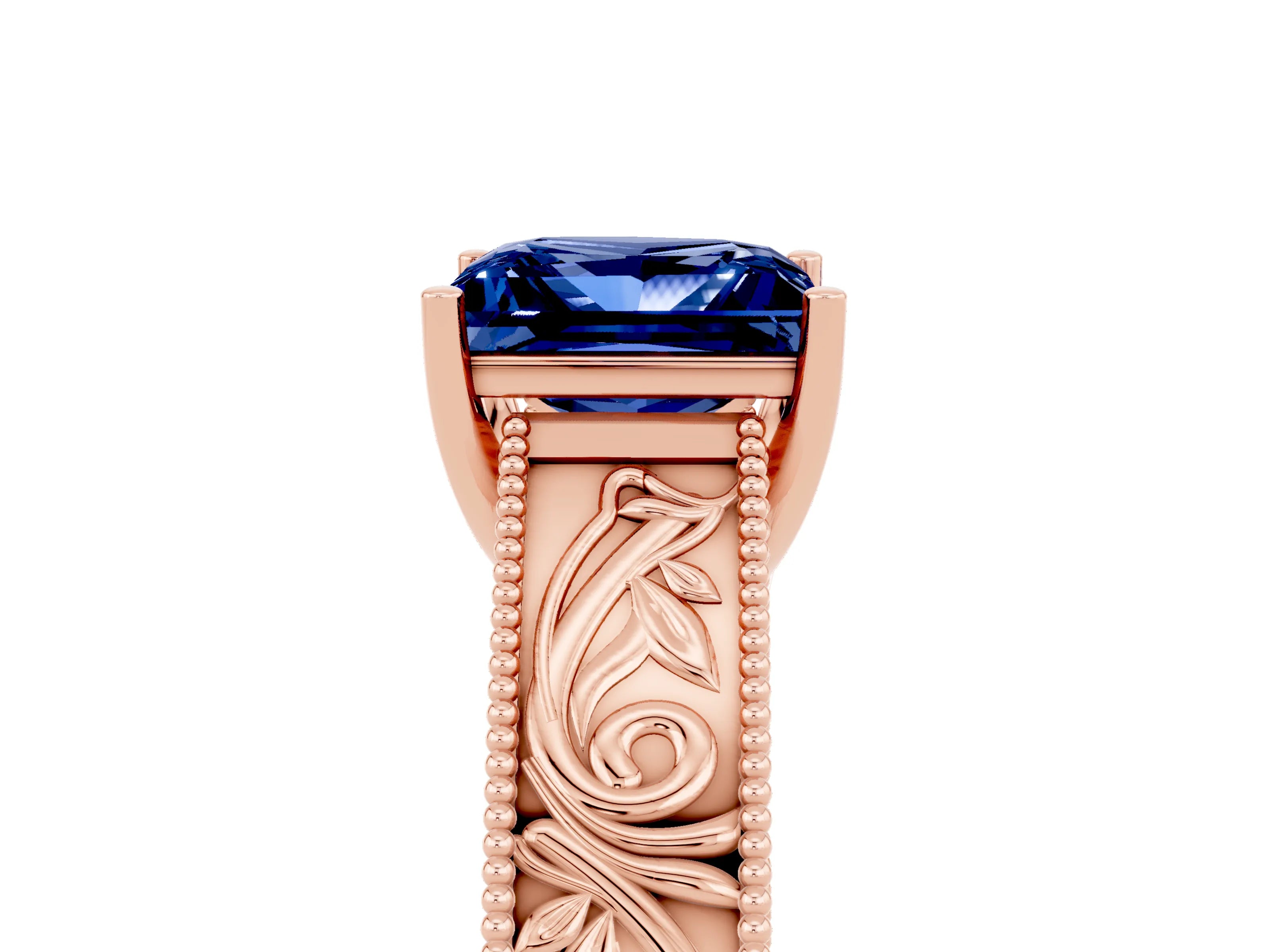 Rose gold Princess Cut Blue Sapphire Solitaire Ring with Engraved Band and Four-Prong Setting_5