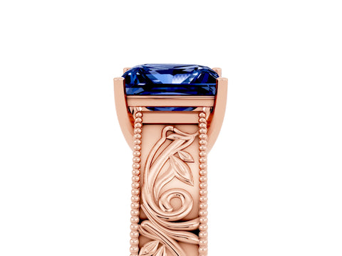 Rose gold Princess Cut Blue Sapphire Solitaire Ring with Engraved Band and Four-Prong Setting_5