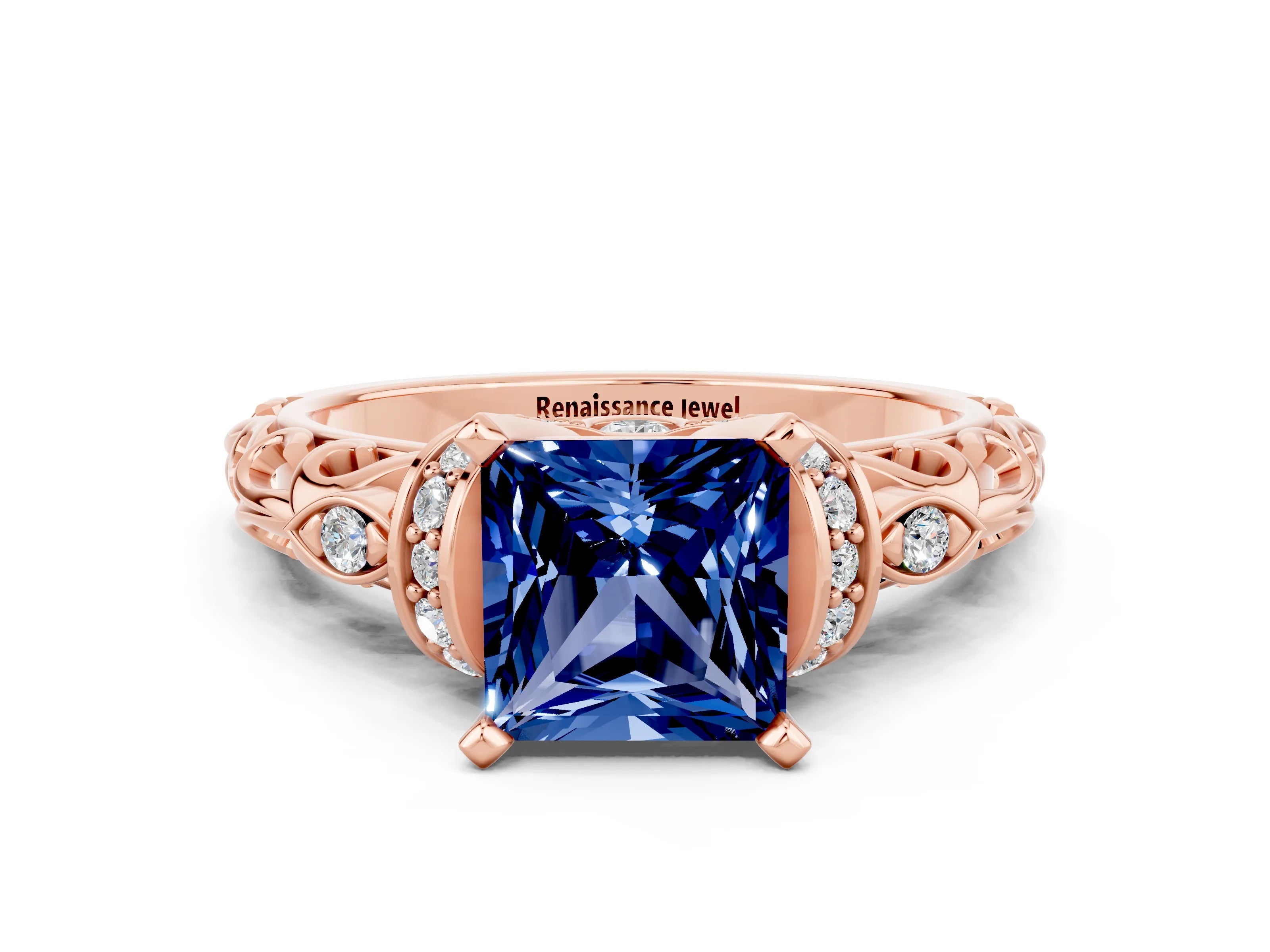 Rose gold Princess Cut Blue Sapphire Solitaire Ring with Filigree Band and Four-Prong Setting_24