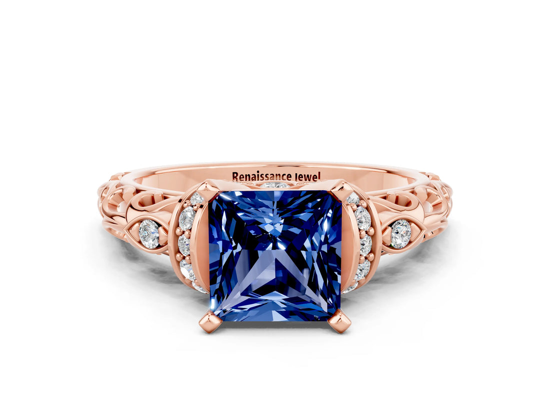Rose gold Princess Cut Blue Sapphire Solitaire Ring with Filigree Band and Four-Prong Setting_24