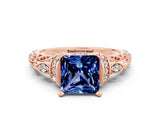Rose gold Princess Cut Blue Sapphire Solitaire Ring with Filigree Band and Four-Prong Setting_24