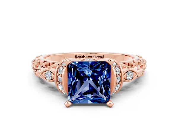 Rose gold Princess Cut Blue Sapphire Solitaire Ring with Filigree Band and Four-Prong Setting