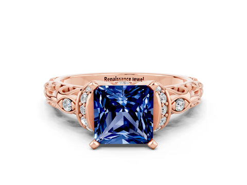 Rose gold Princess Cut Blue Sapphire Solitaire Ring with Filigree Band and Four-Prong Setting_24