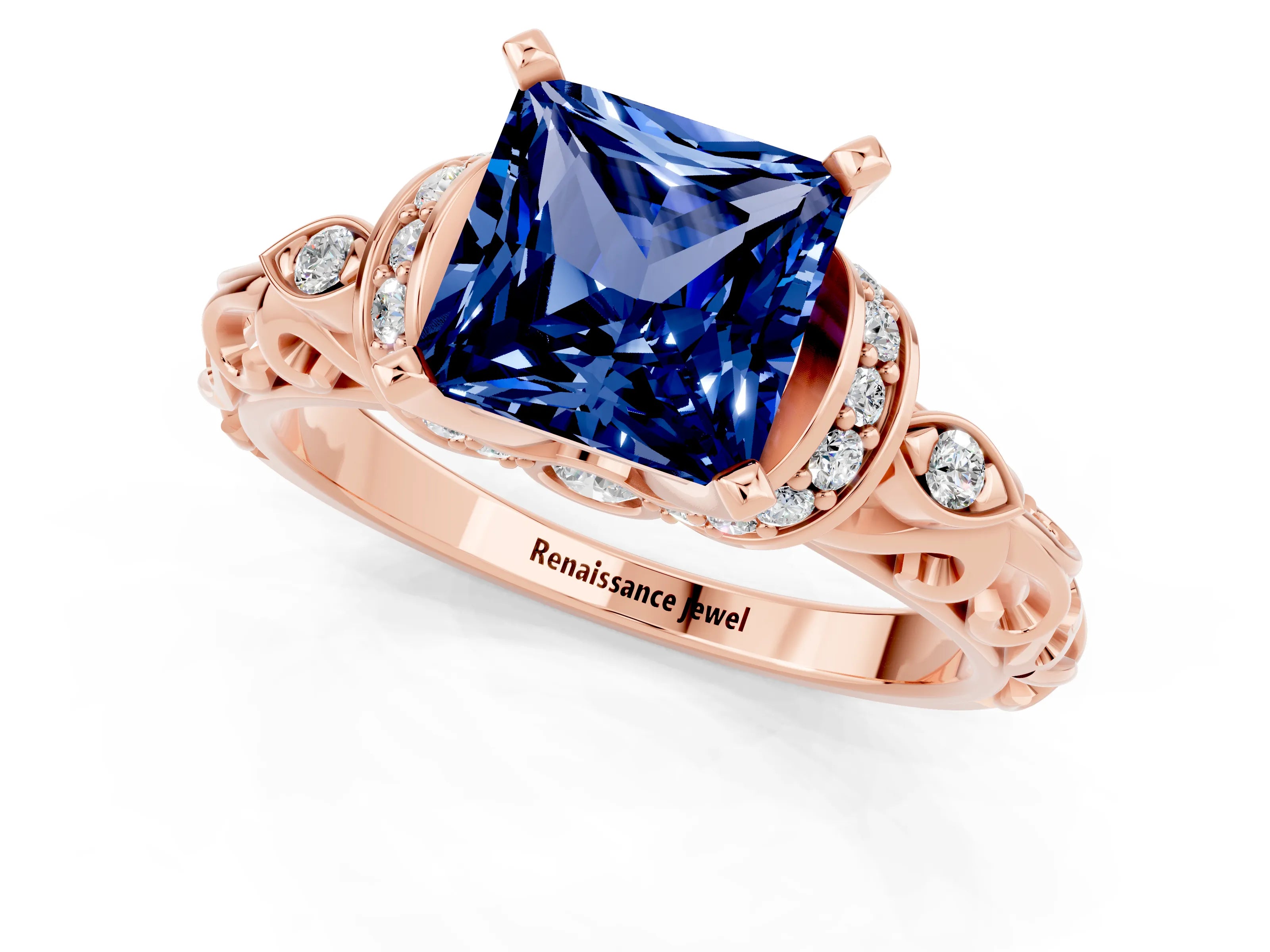 Rose gold Princess Cut Blue Sapphire Solitaire Ring with Filigree Band and Four-Prong Setting_25