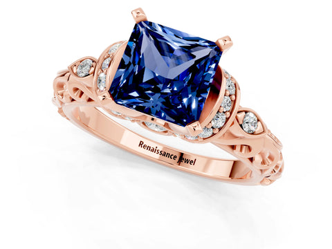 Rose gold Princess Cut Blue Sapphire Solitaire Ring with Filigree Band and Four-Prong Setting_25