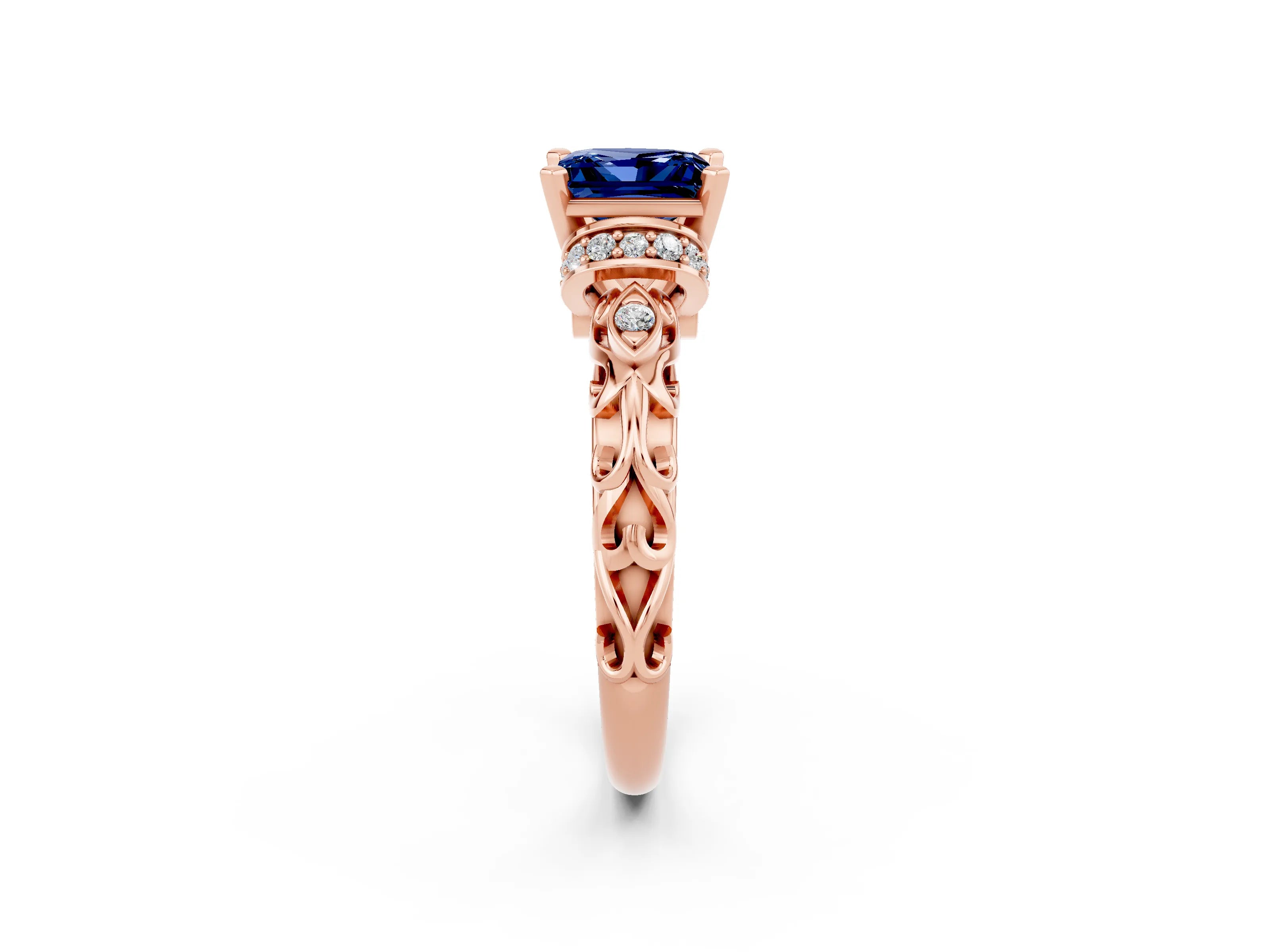 Rose gold Princess Cut Blue Sapphire Solitaire Ring with Filigree Band and Four-Prong Setting_26