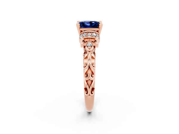 Rose gold Princess Cut Blue Sapphire Solitaire Ring with Filigree Band and Four-Prong Setting