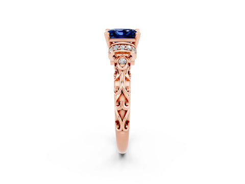 Rose gold Princess Cut Blue Sapphire Solitaire Ring with Filigree Band and Four-Prong Setting_26