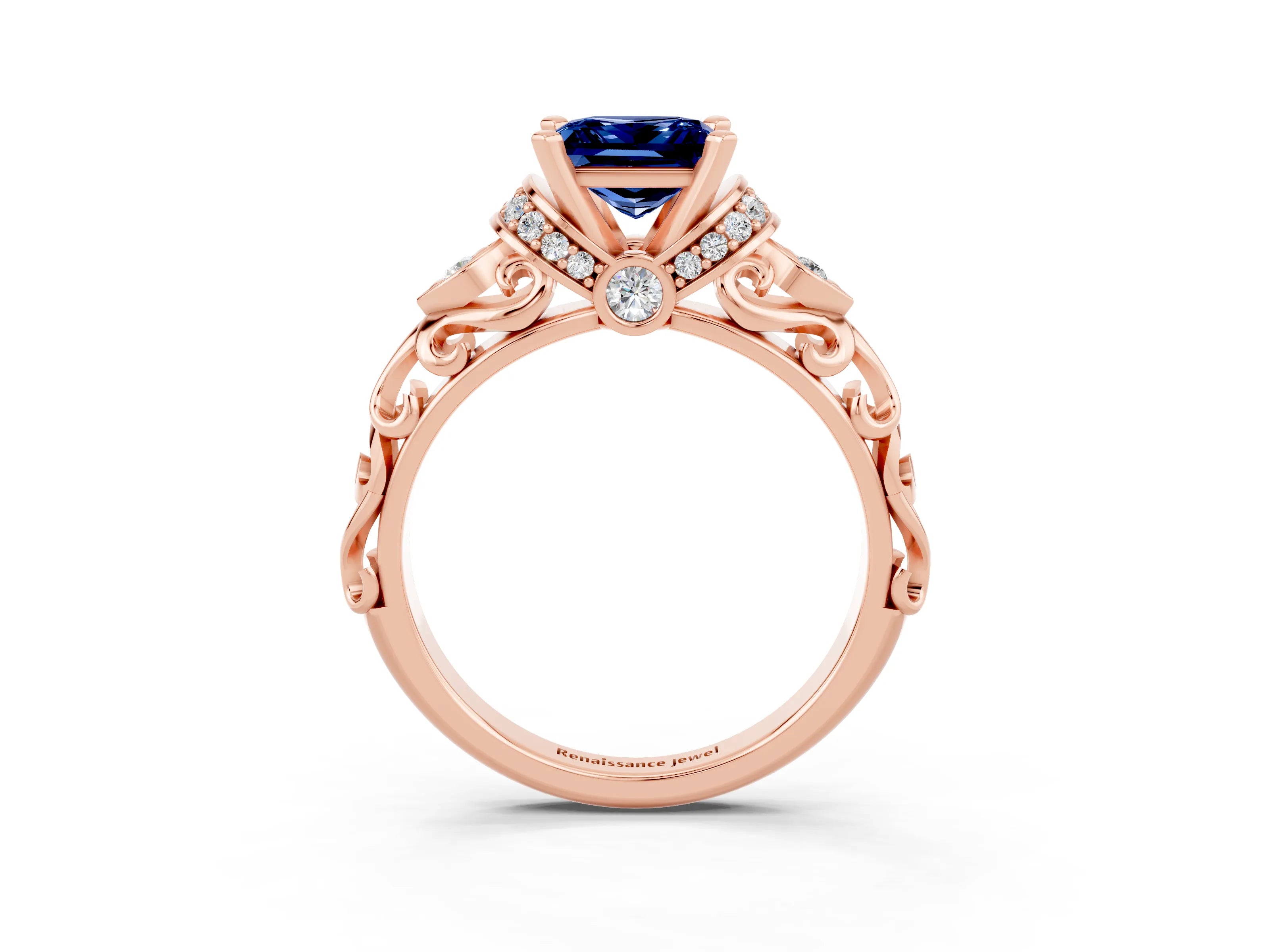 Rose gold Princess Cut Blue Sapphire Solitaire Ring with Filigree Band and Four-Prong Setting_27