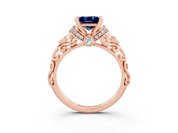 Rose gold Princess Cut Blue Sapphire Solitaire Ring with Filigree Band and Four-Prong Setting