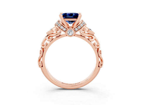 Rose gold Princess Cut Blue Sapphire Solitaire Ring with Filigree Band and Four-Prong Setting_27
