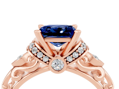 Rose gold Princess Cut Blue Sapphire Solitaire Ring with Filigree Band and Four-Prong Setting_28