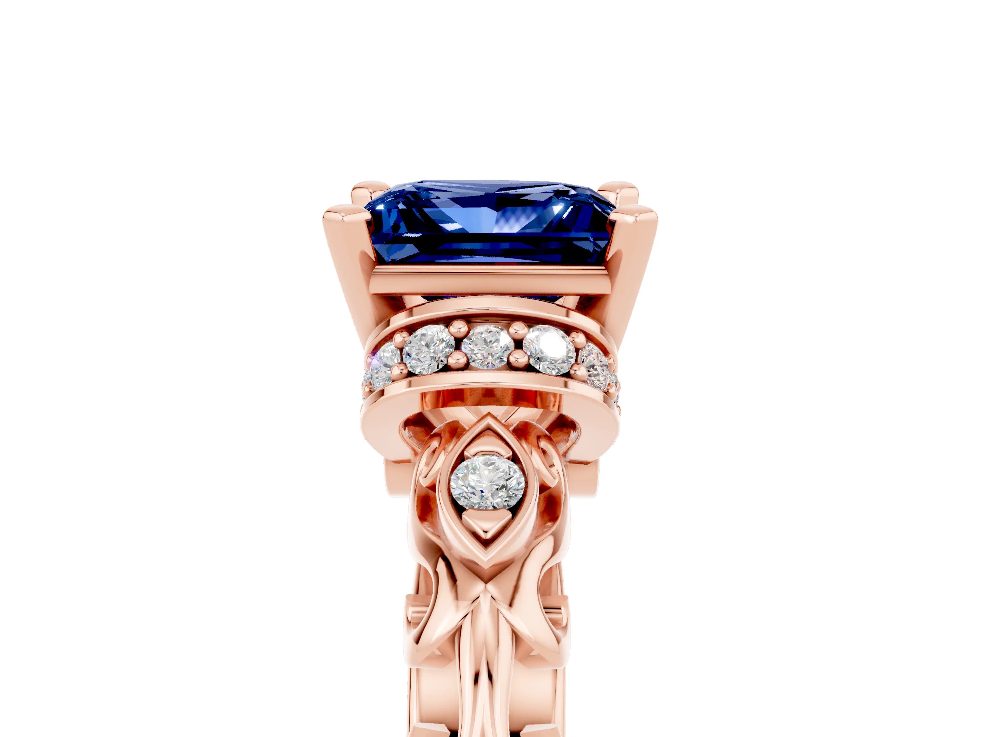 Rose gold Princess Cut Blue Sapphire Solitaire Ring with Filigree Band and Four-Prong Setting_29