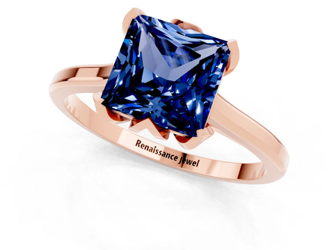 Rose gold Princess Cut Blue Sapphire Solitaire Ring with Flower Prong Setting and Classic Band_37