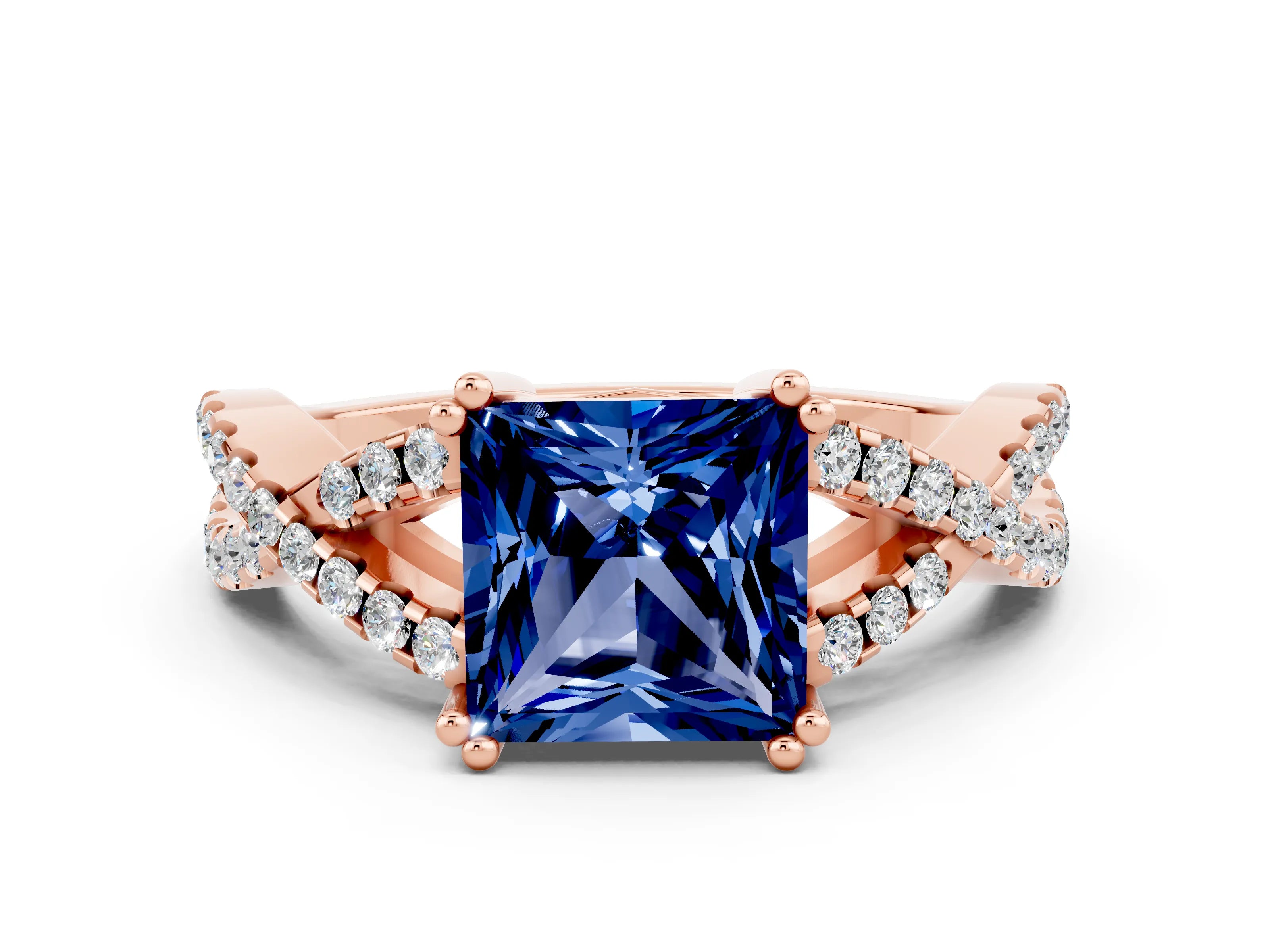 Rose gold Princess Cut Blue Sapphire Solitaire Ring with Four-Prong Setting and Twisted Pavé Band