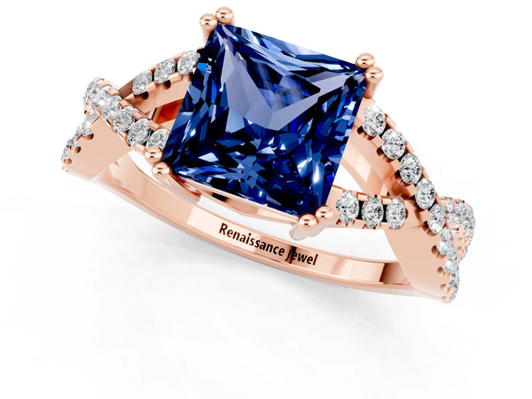 Rose gold Princess Cut Blue Sapphire Solitaire Ring with Four-Prong Setting and Twisted Pavé Band