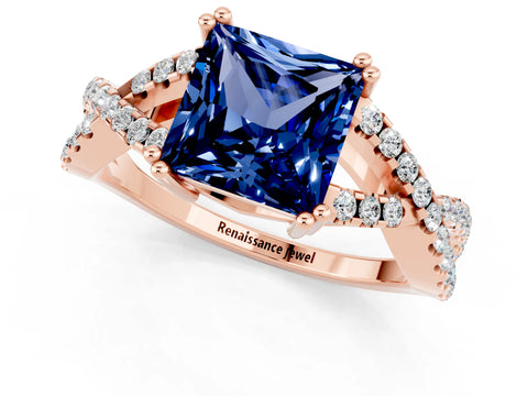 Rose gold Princess Cut Blue Sapphire Solitaire Ring with Four-Prong Setting and Twisted Pavé Band_1
