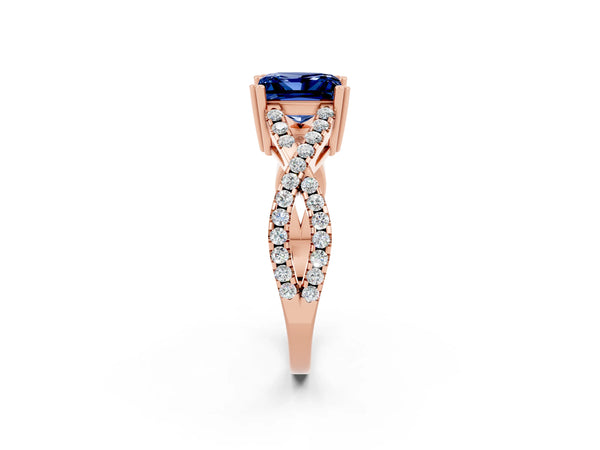 Rose gold Princess Cut Blue Sapphire Solitaire Ring with Four-Prong Setting and Twisted Pavé Band