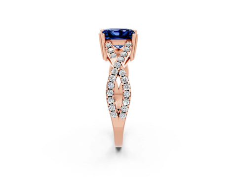 Rose gold Princess Cut Blue Sapphire Solitaire Ring with Four-Prong Setting and Twisted Pavé Band_2