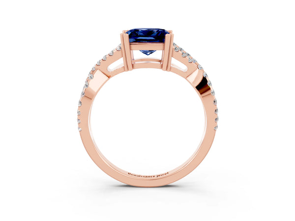 Rose gold Princess Cut Blue Sapphire Solitaire Ring with Four-Prong Setting and Twisted Pavé Band