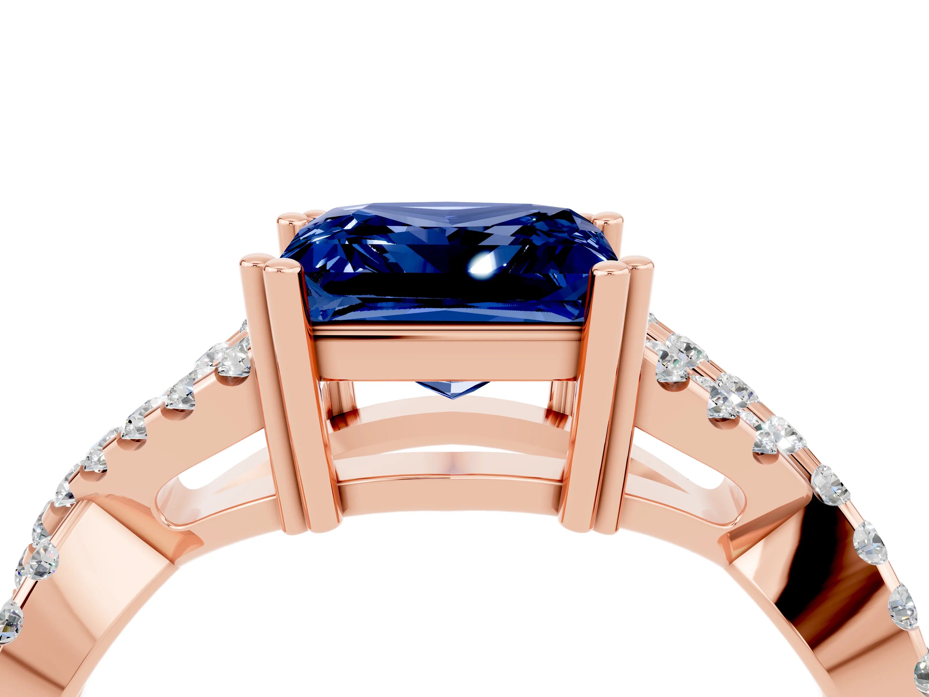 Rose gold Princess Cut Blue Sapphire Solitaire Ring with Four-Prong Setting and Twisted Pavé Band_4