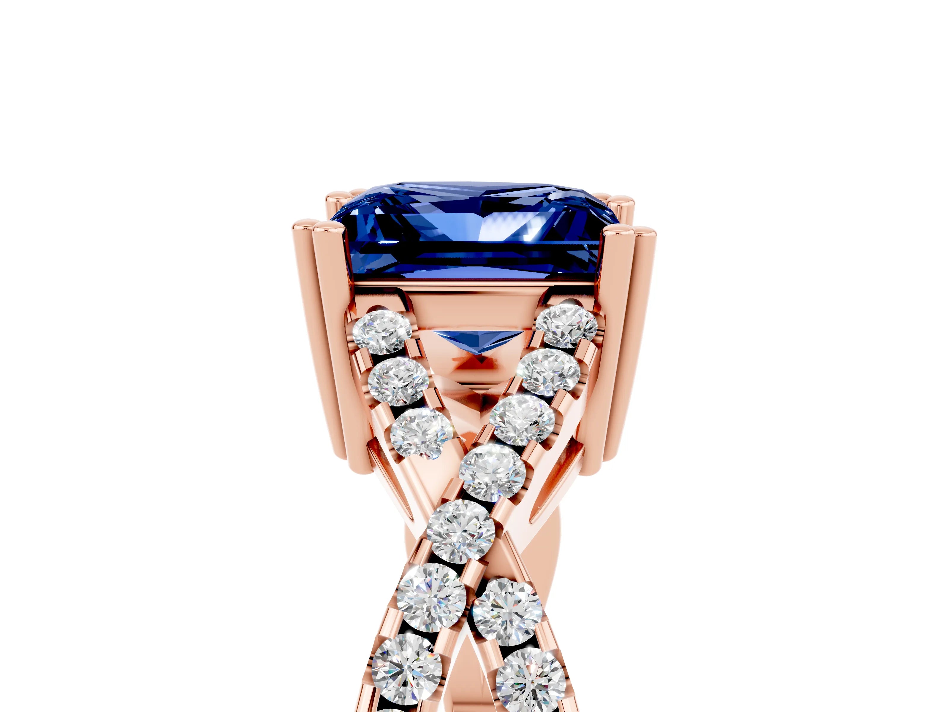 Rose gold Princess Cut Blue Sapphire Solitaire Ring with Four-Prong Setting and Twisted Pavé Band_5