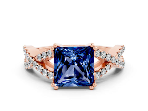 Rose gold Princess Cut Blue Sapphire Solitaire Ring with Four-Prong Setting and Twisted Pavé Band