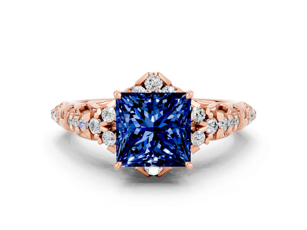 Rose gold Princess Cut Blue Sapphire Solitaire Ring with Hidden Halo and Pavé Band
