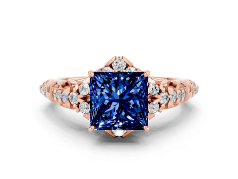 Rose gold Princess Cut Blue Sapphire Solitaire Ring with Hidden Halo and Pavé Band_12
