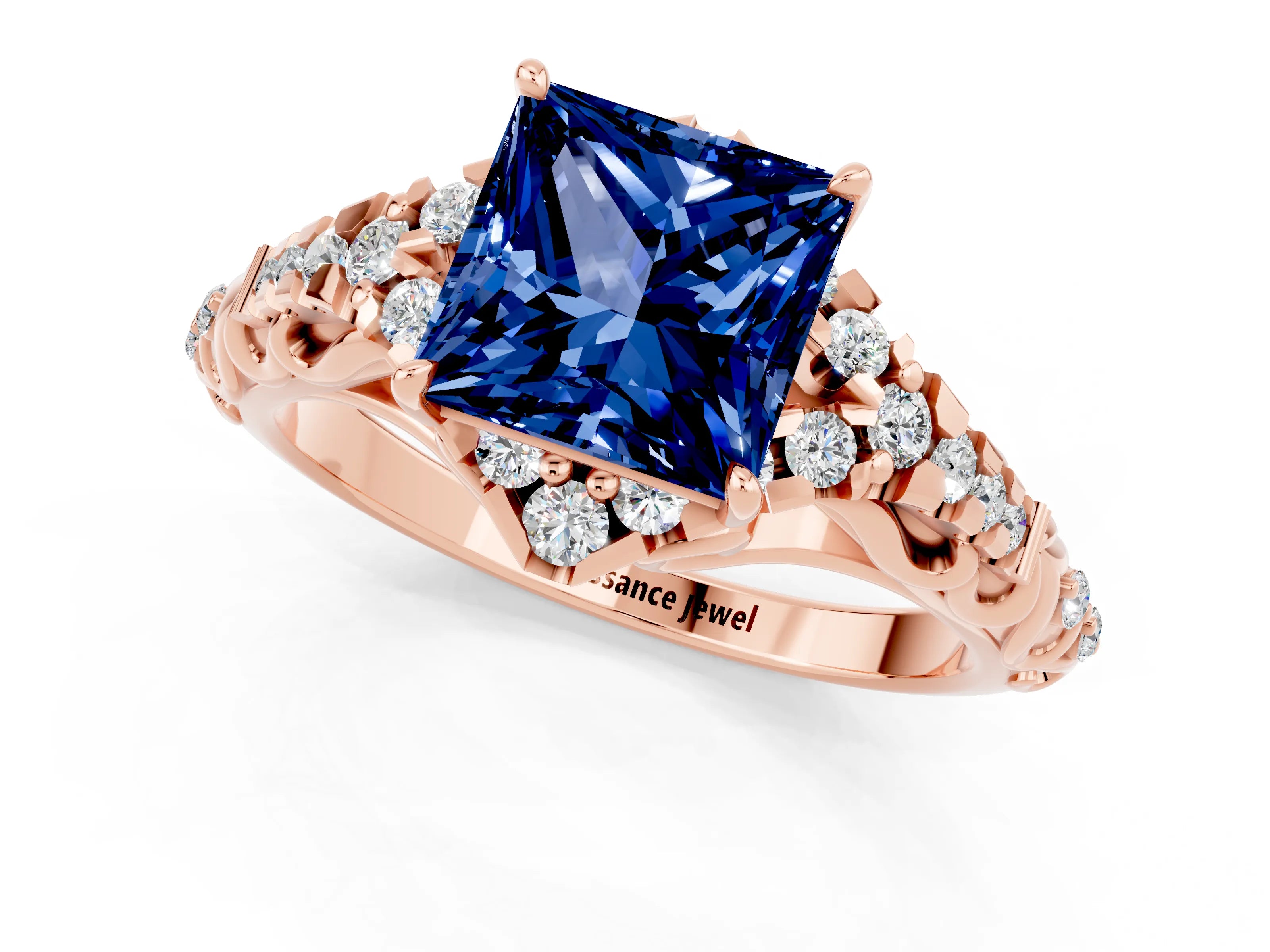 Rose gold Princess Cut Blue Sapphire Solitaire Ring with Hidden Halo and Pavé Band_13