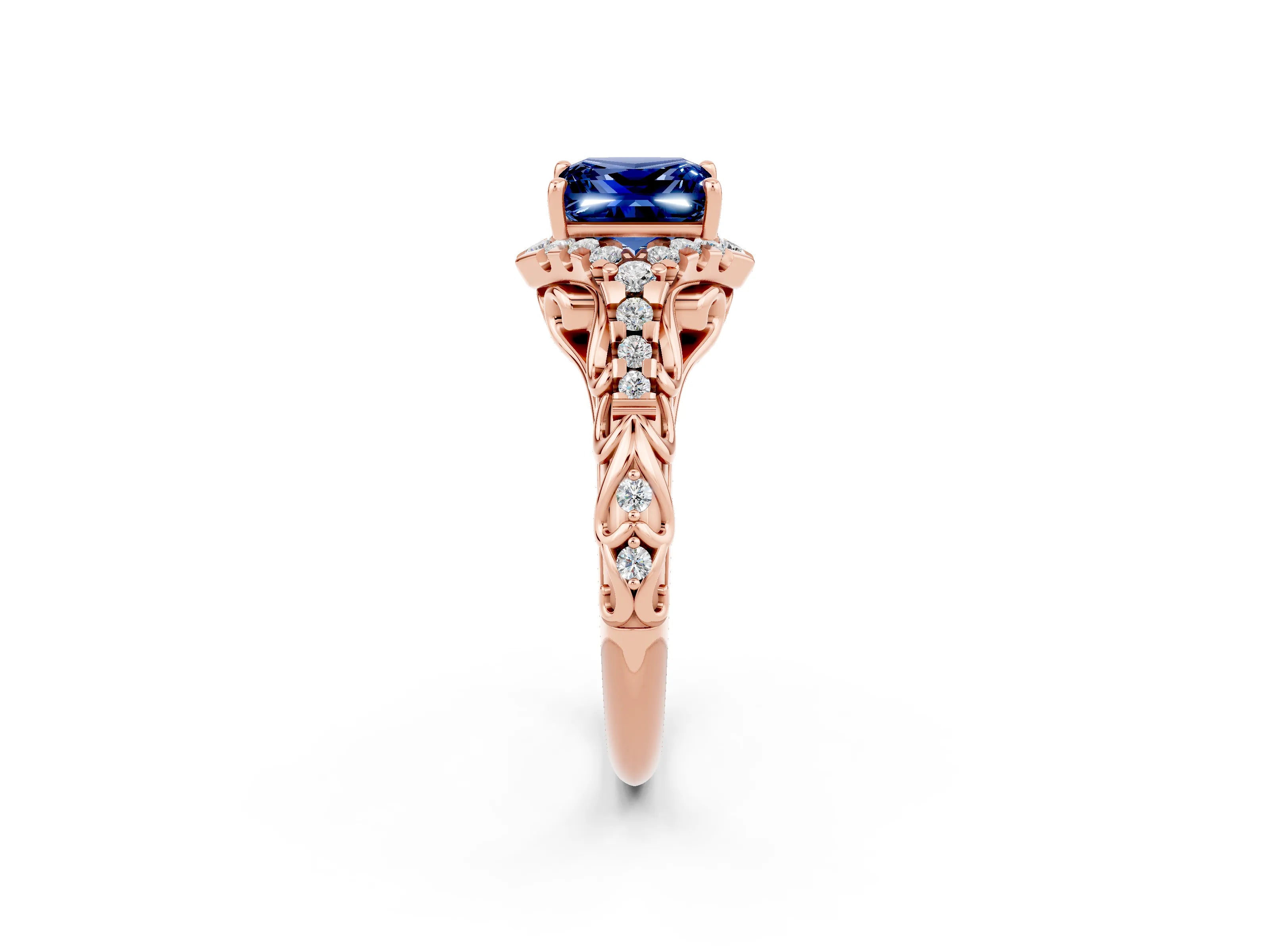 Rose gold Princess Cut Blue Sapphire Solitaire Ring with Hidden Halo and Pavé Band_14