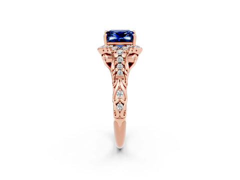 Rose gold Princess Cut Blue Sapphire Solitaire Ring with Hidden Halo and Pavé Band_14