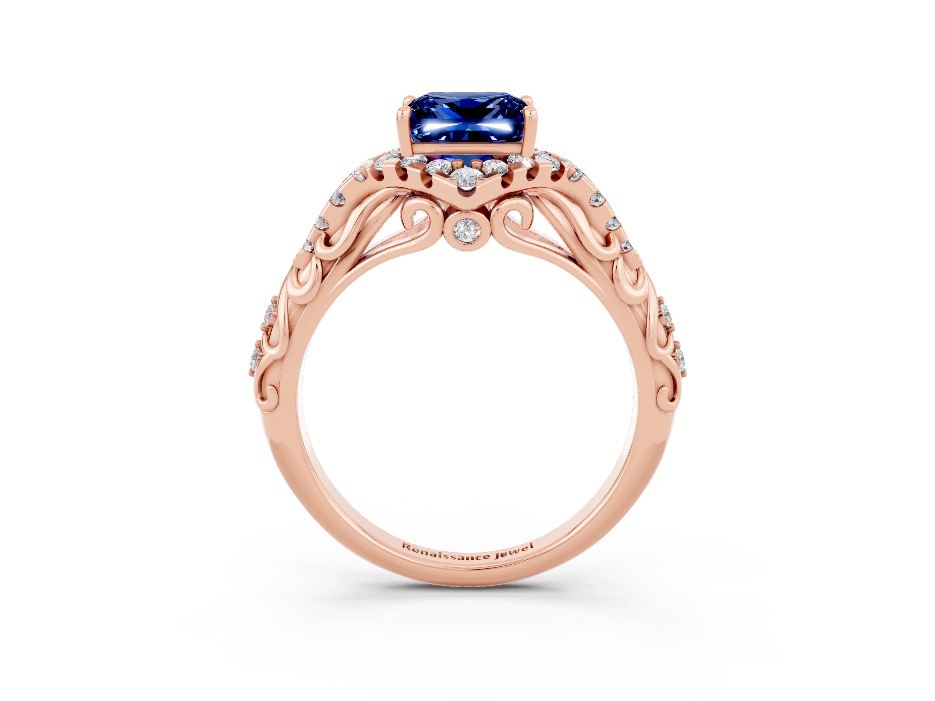 Rose gold Princess Cut Blue Sapphire Solitaire Ring with Hidden Halo and Pavé Band_15