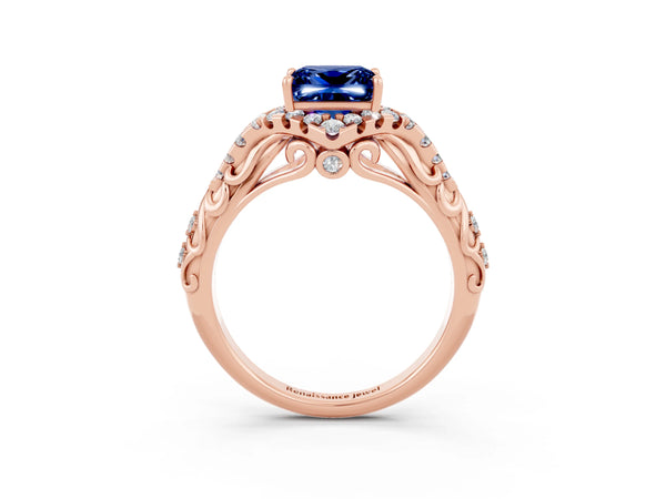Rose gold Princess Cut Blue Sapphire Solitaire Ring with Hidden Halo and Pavé Band