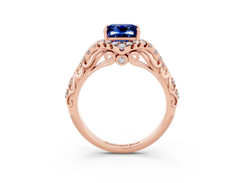 Rose gold Princess Cut Blue Sapphire Solitaire Ring with Hidden Halo and Pavé Band_15