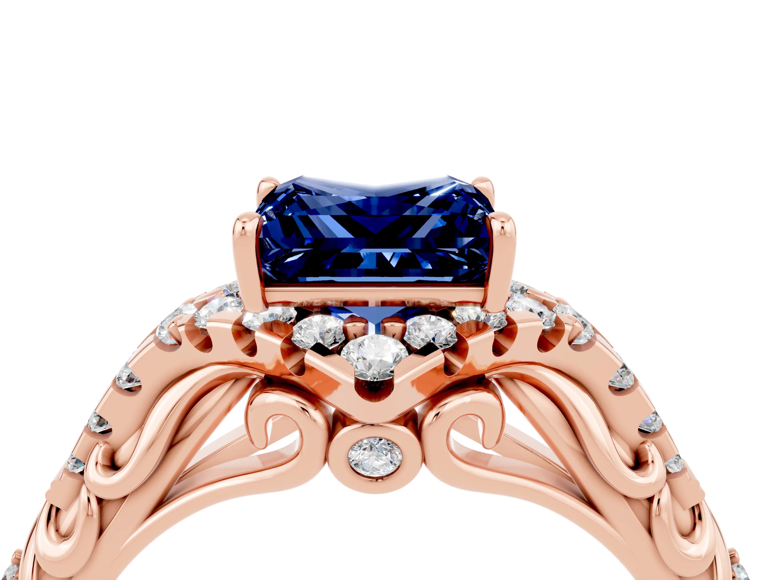 Rose gold Princess Cut Blue Sapphire Solitaire Ring with Hidden Halo and Pavé Band_16