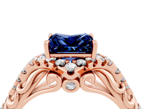Rose gold Princess Cut Blue Sapphire Solitaire Ring with Hidden Halo and Pavé Band_16