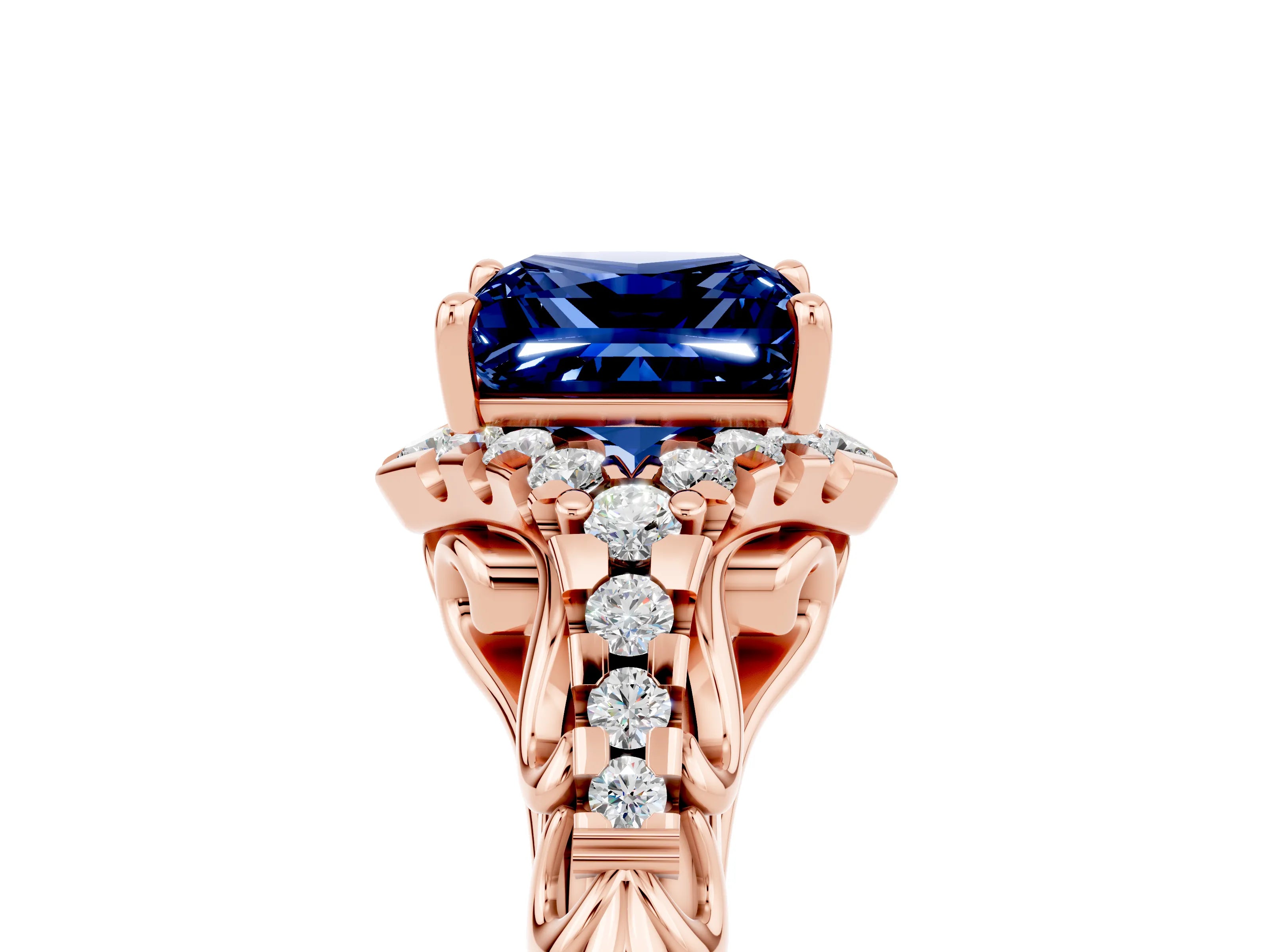 Rose gold Princess Cut Blue Sapphire Solitaire Ring with Hidden Halo and Pavé Band_17