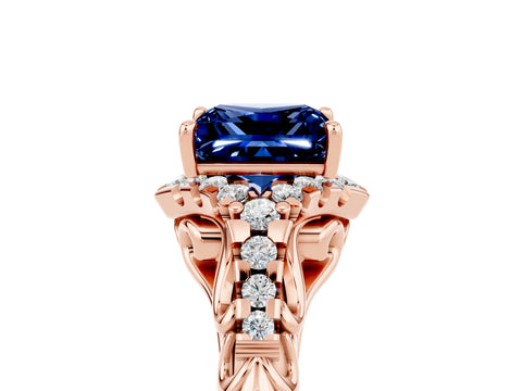 Rose gold Princess Cut Blue Sapphire Solitaire Ring with Hidden Halo and Pavé Band_17