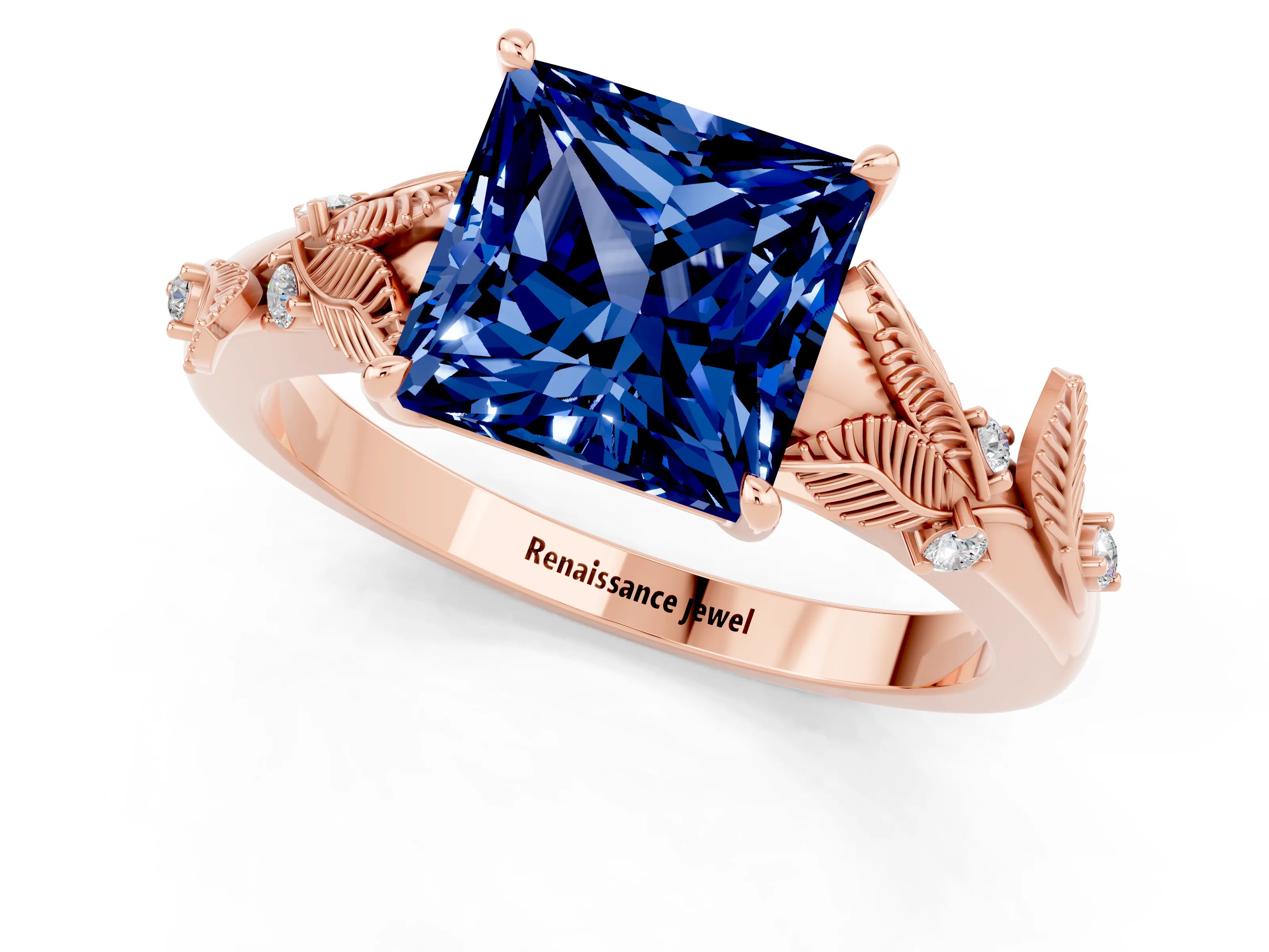 Rose gold Princess Cut Blue Sapphire Solitaire Ring with Leaf Motif Band and Four-Prong Setting_1
