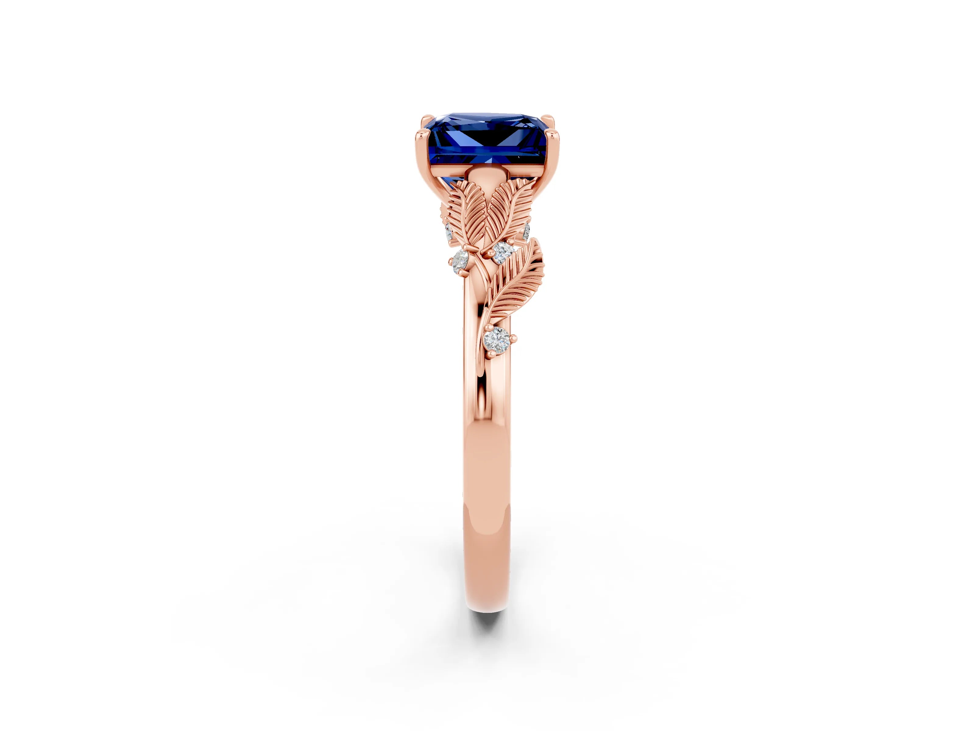Rose gold Princess Cut Blue Sapphire Solitaire Ring with Leaf Motif Band and Four-Prong Setting_2