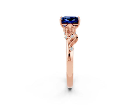 Rose gold Princess Cut Blue Sapphire Solitaire Ring with Leaf Motif Band and Four-Prong Setting_2