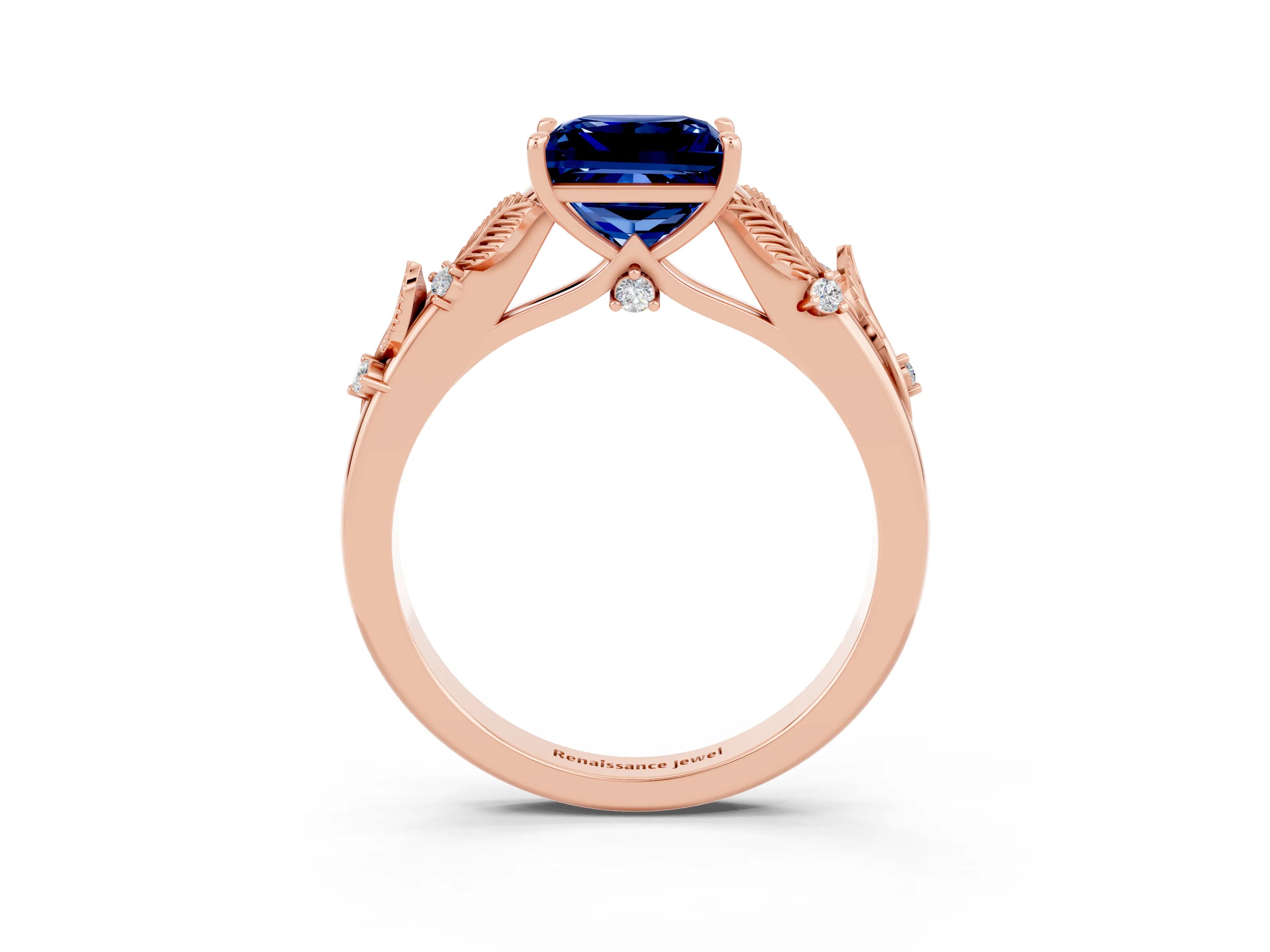 Rose gold Princess Cut Blue Sapphire Solitaire Ring with Leaf Motif Band and Four-Prong Setting_3