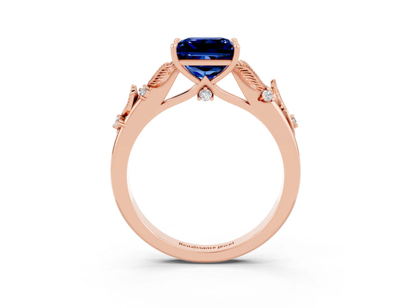 Rose gold Princess Cut Blue Sapphire Solitaire Ring with Leaf Motif Band and Four-Prong Setting