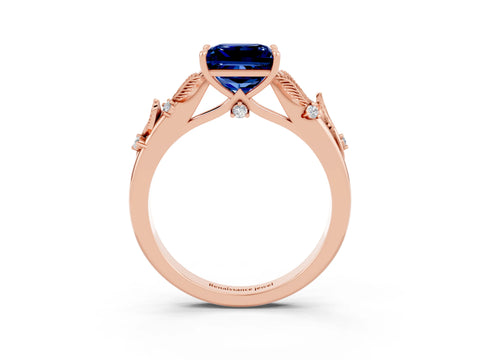 Rose gold Princess Cut Blue Sapphire Solitaire Ring with Leaf Motif Band and Four-Prong Setting_3