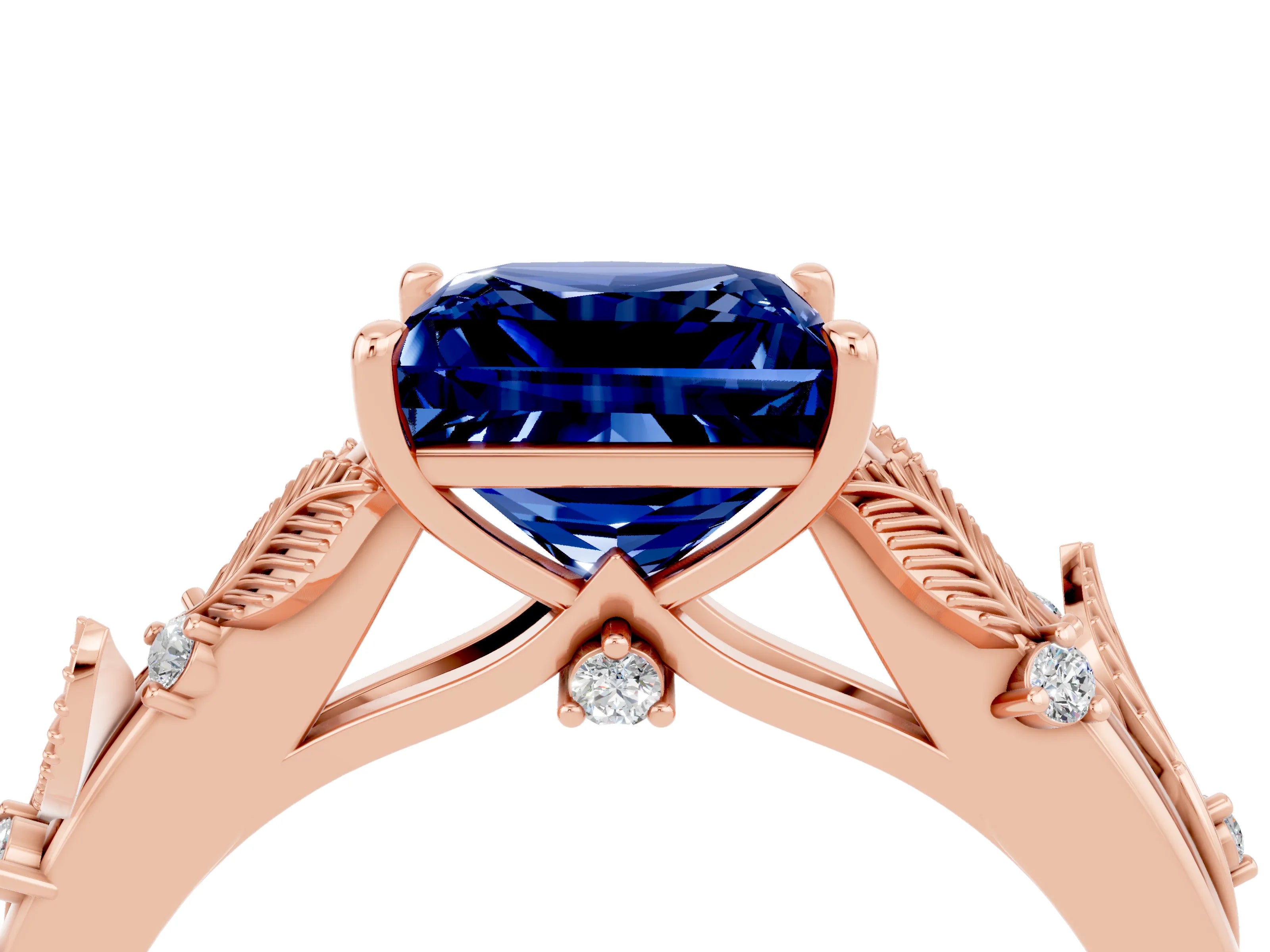 Rose gold Princess Cut Blue Sapphire Solitaire Ring with Leaf Motif Band and Four-Prong Setting_4