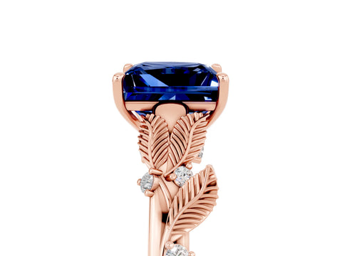 Rose gold Princess Cut Blue Sapphire Solitaire Ring with Leaf Motif Band and Four-Prong Setting_5
