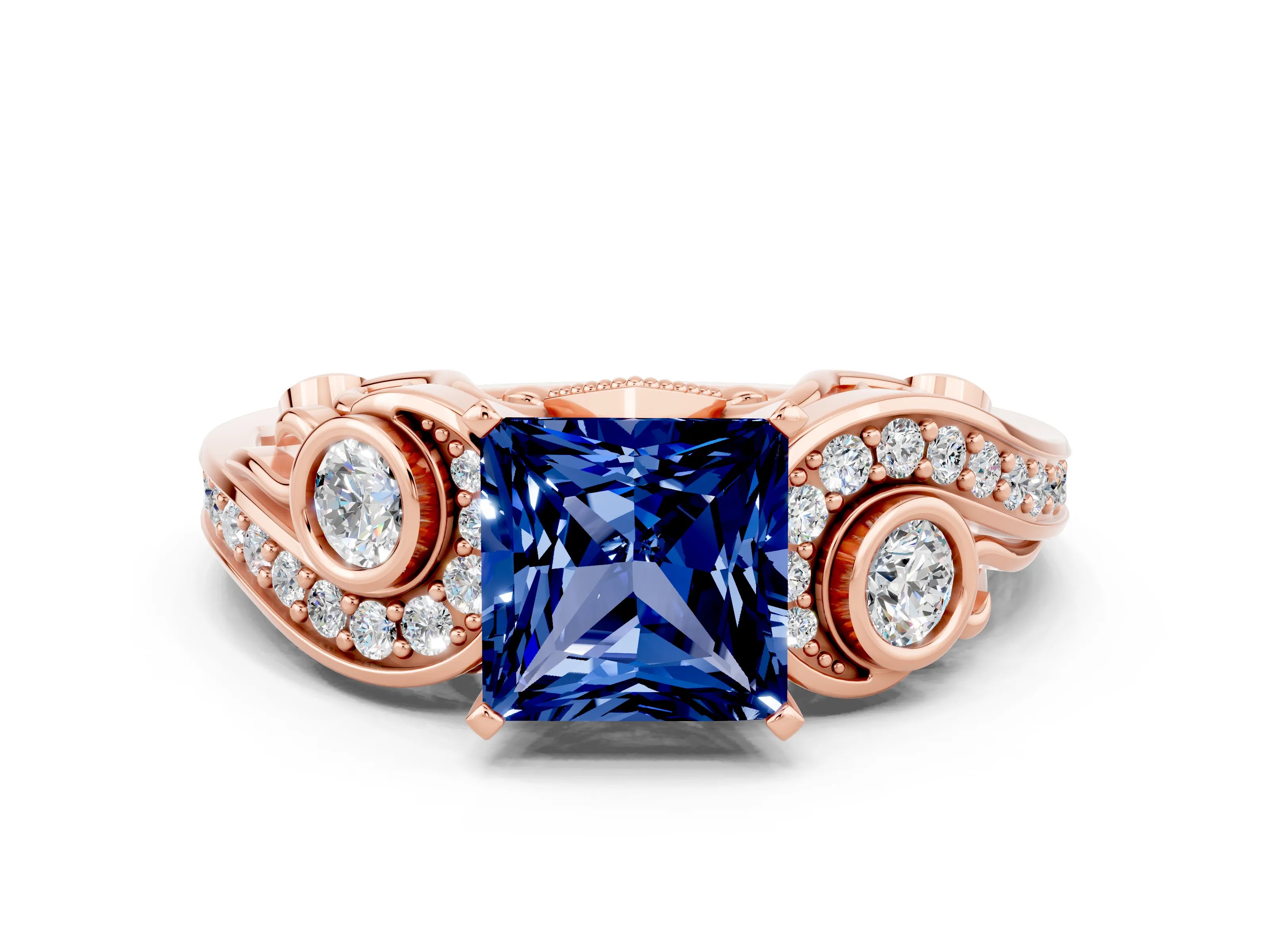 Rose gold Princess Cut Blue Sapphire Solitaire Ring with Milgrain Pavé Band and Four-Prong Setting_24