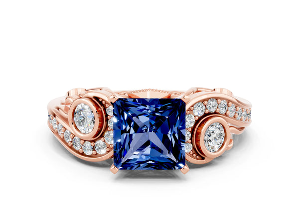 Rose gold Princess Cut Blue Sapphire Solitaire Ring with Milgrain Pavé Band and Four-Prong Setting